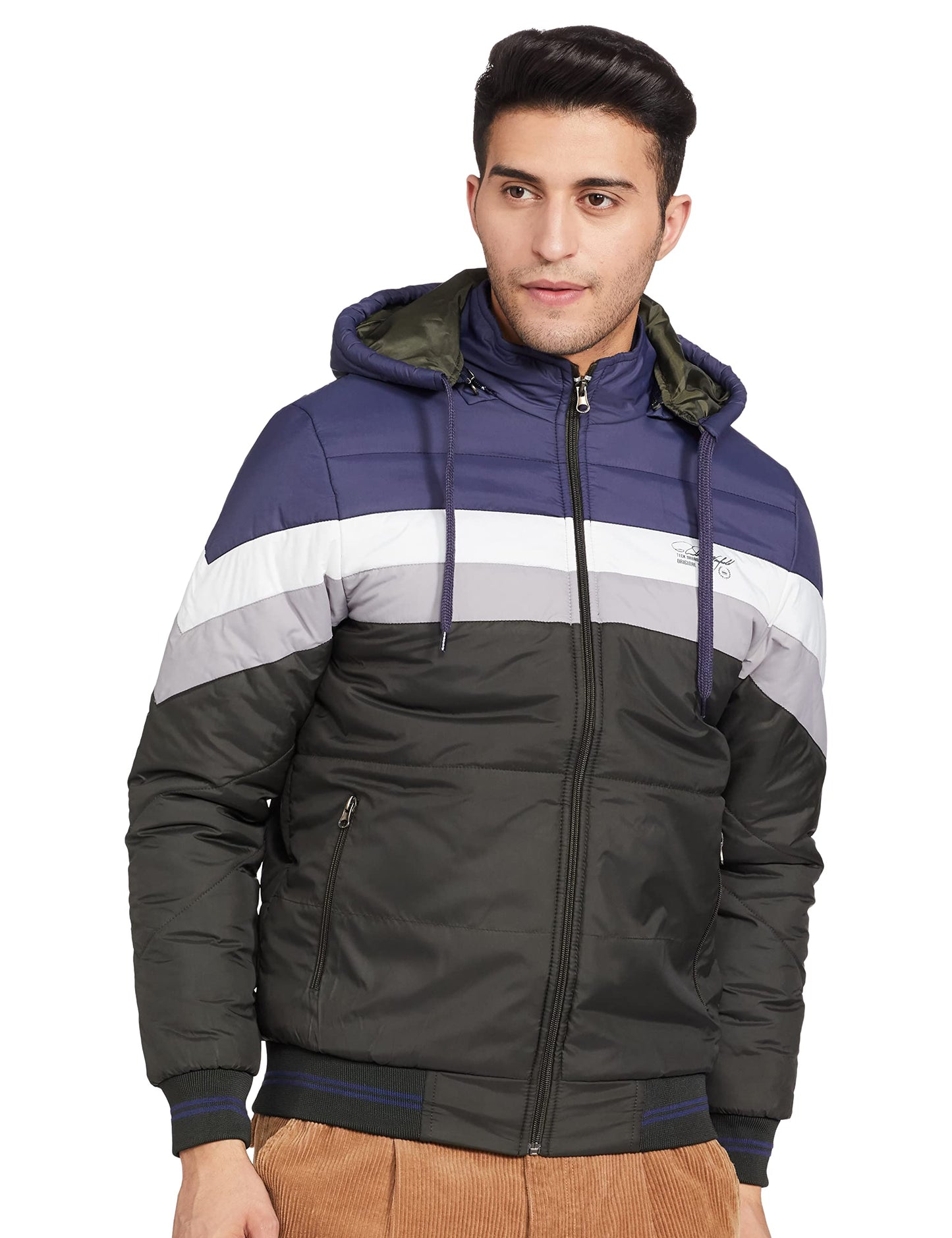 Men's Regular Fit Quilted Bomber Jacket with Detachable Hood - Winter Warm, Insulated Lining, Ribbed Cuffs, and Stylish Design