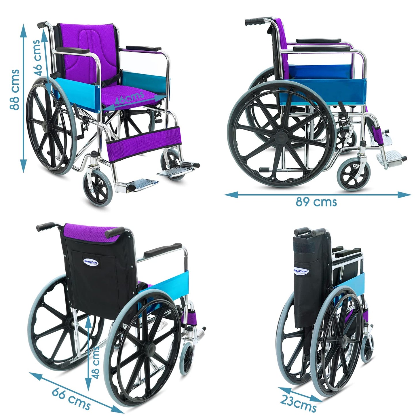 KosmoCare Dura Rexine Wheelchair | Self-Propelled & Attendant Use | Hammered Finish MS Frame | 24" Mag Wheels | Removable Footrests | Foldable Design | Comfortable Rexine Seat | Supports Up to 100 kg