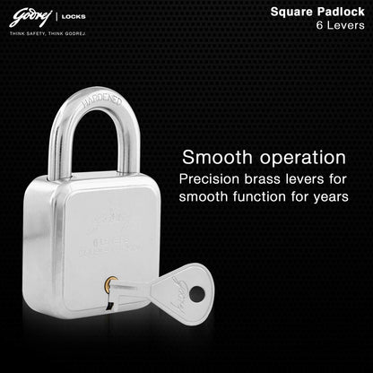 Godrej Locks I Square 6 levers 50mm I 4 Keys I Padlock for Main Door I Gate Lock I Lock for Tool Box, Shutters, Shops & Offices I Corrosion Resistant Shackle I Silver Finish