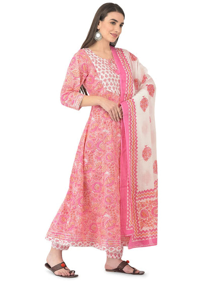 Pistaa's Women Cotton Anarkali Flair Suit Set