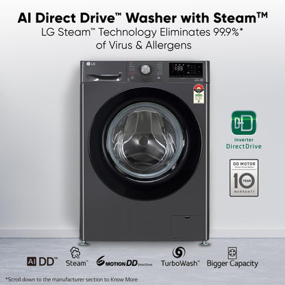 LG 7 Kg, 5 Star, Direct Drive Technology, Steam Wash, 6 Motion DD, Smart Diagnosis, Fully-Automatic Front Load Washing Machine (FHM1207SDM, Allergy Care, In-Built Heater, Touch Panel, Middle Black)