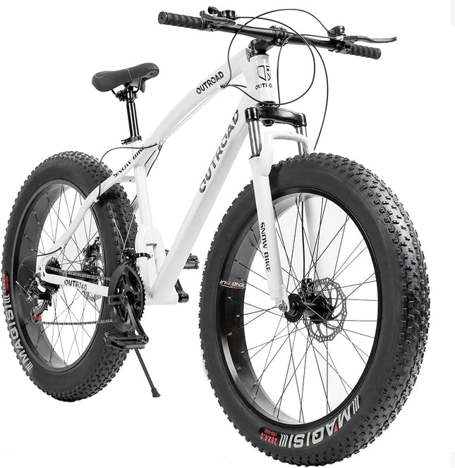 Mioox Fat Tyre Mountain Bike With 21 Speed Gears,26 * 4T Inch Wheels,Disk Brakes Cycle For Adults/Unisex (With Original Shimano Gears), Front, 18 Inches, White 