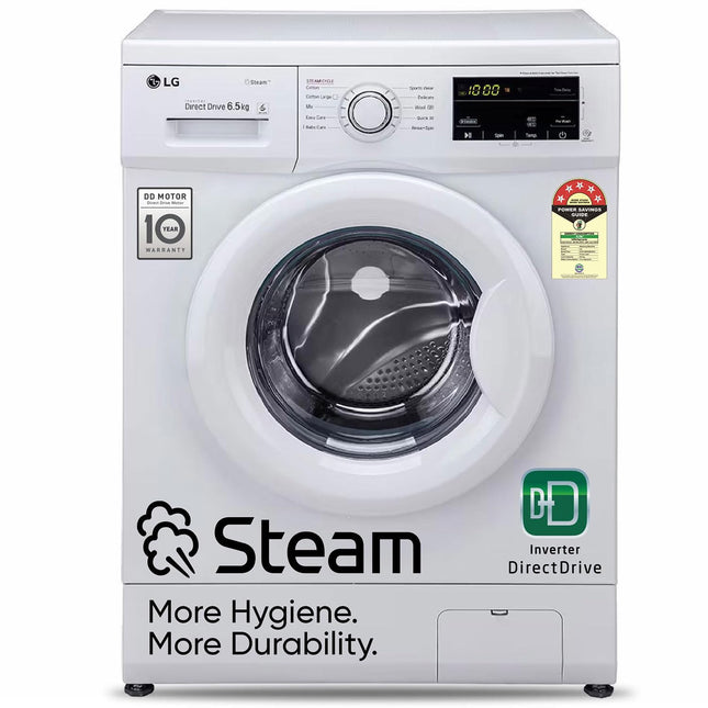 LG 6.5 Kg, 5 Star, Direct Drive Technology, Steam Wash, 6 motion DD, Smart Diagnosis, Fully Automatic Front Load Washing Machine (FHM1065SDW, Allergy Care, In-Built Heater, Touch Panel, White)