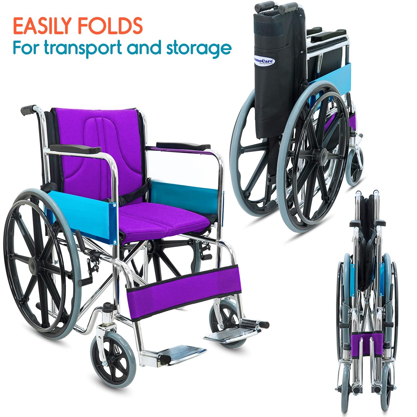 KosmoCare Dura Rexine Wheelchair | Self-Propelled & Attendant Use | Hammered Finish MS Frame | 24" Mag Wheels | Removable Footrests | Foldable Design | Comfortable Rexine Seat | Supports Up to 100 kg