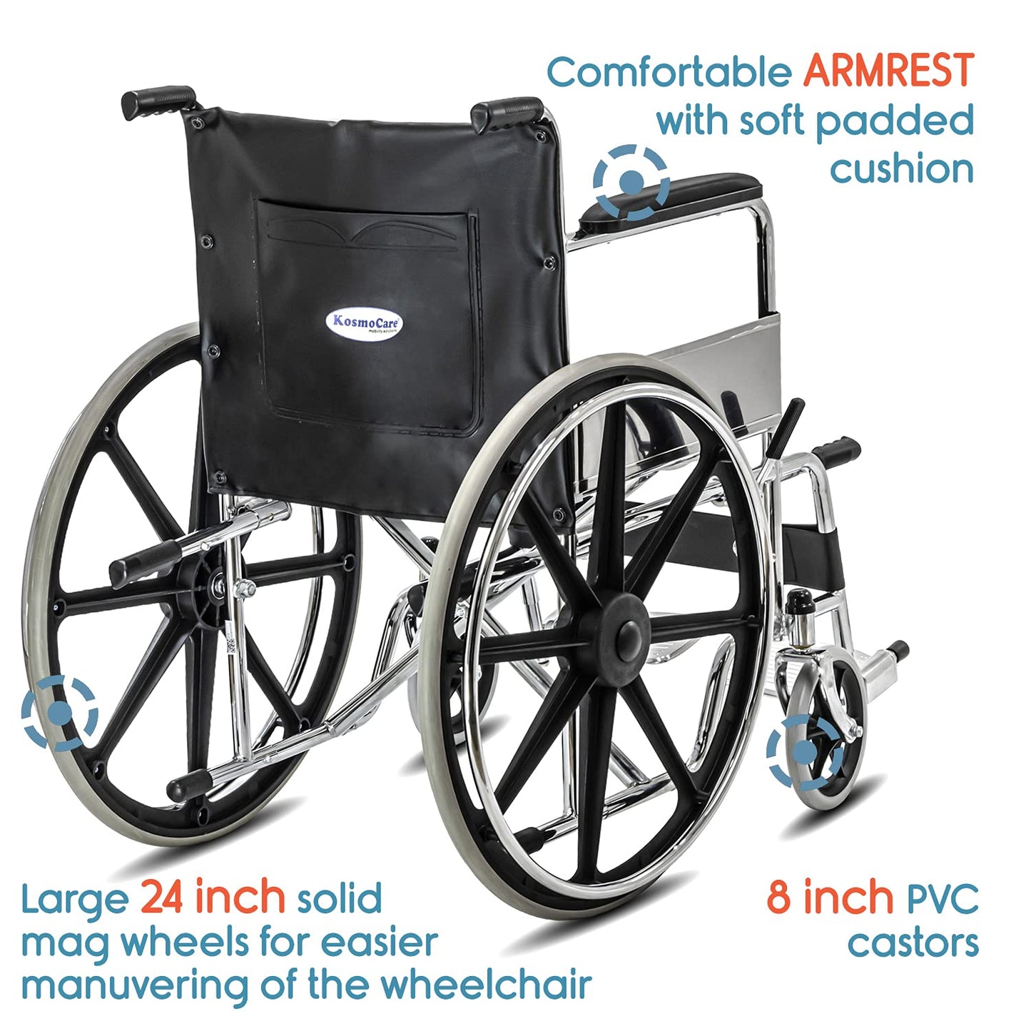 KosmoCare Dura Rexine Wheelchair | Self-Propelled & Attendant Use | Hammered Finish MS Frame | 24" Mag Wheels | Removable Footrests | Foldable Design | Comfortable Rexine Seat | Supports Up to 100 kg