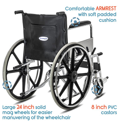 KosmoCare Dura Rexine Wheelchair | Self-Propelled & Attendant Use | Hammered Finish MS Frame | 24" Mag Wheels | Removable Footrests | Foldable Design | Comfortable Rexine Seat | Supports Up to 100 kg