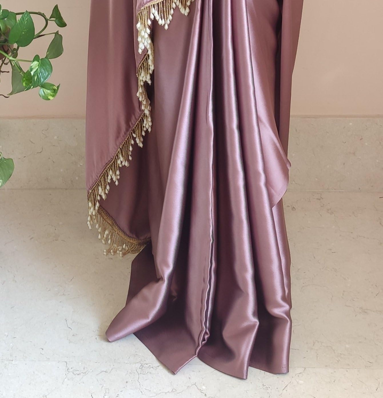 SATAZ Women's Ready to Wear Rose Gold Satin Silk 1 Minute Pre Pleated Saree with Unstitched Rose Gold Blouse