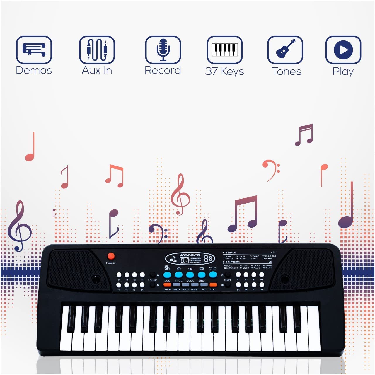 VEBETO Kids Piano with Mic (1 Year Warranty) 37 Keys 8 Rhythms 8 Tones 6 Demos Portable Electronic Keyboard Toy Beginners Educational Songs Recording Musical Toys Age 3 to 5 Years Boys Girls