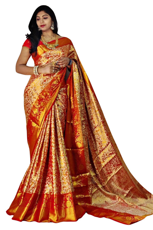 SGF11- Women's Kanjivaram Pure Soft Silk Handloom Saree Pure Golden Zari With Blouse Piece