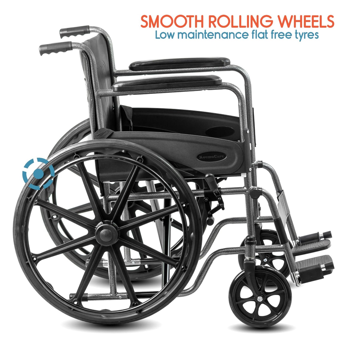 KosmoCare Dura Rexine Wheelchair | Self-Propelled & Attendant Use | Hammered Finish MS Frame | 24" Mag Wheels | Removable Footrests | Foldable Design | Comfortable Rexine Seat | Supports Up to 100 kg