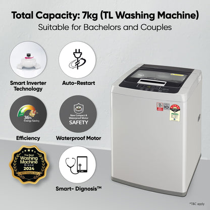 LG 7 Kg 5 Star Smart Inverter Technology Fully Automatic Top Load Washing Machine (2025 Model, T70VBMB1Z, Auto Prewash, Turbodrum, Stainless Steel drum, LED Display, Smart Diagnosis Middle Black)