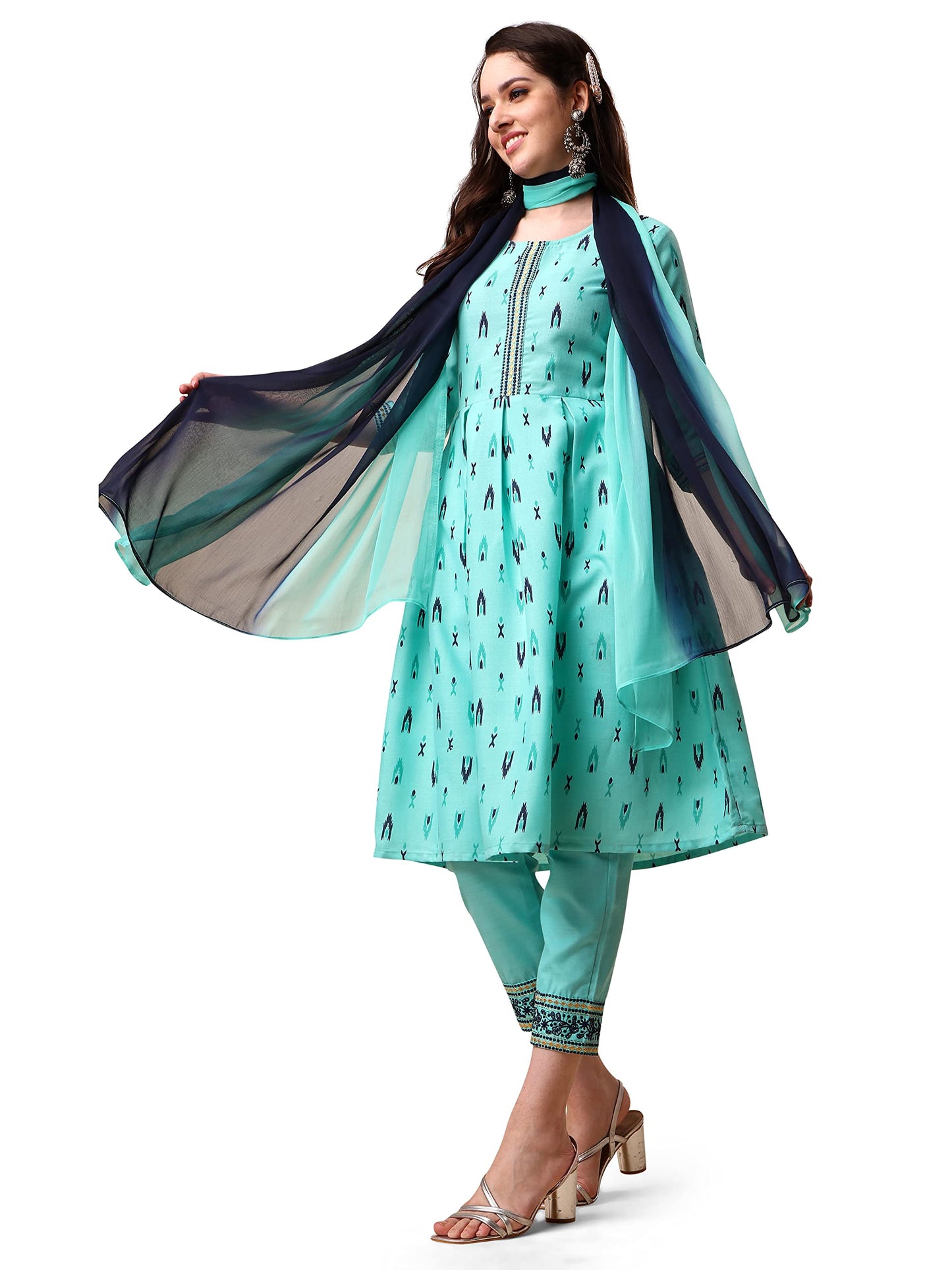 EthnicJunction Women's Geometric Print Cotton Blend A-Line Kurta Pant with Dupatta Set