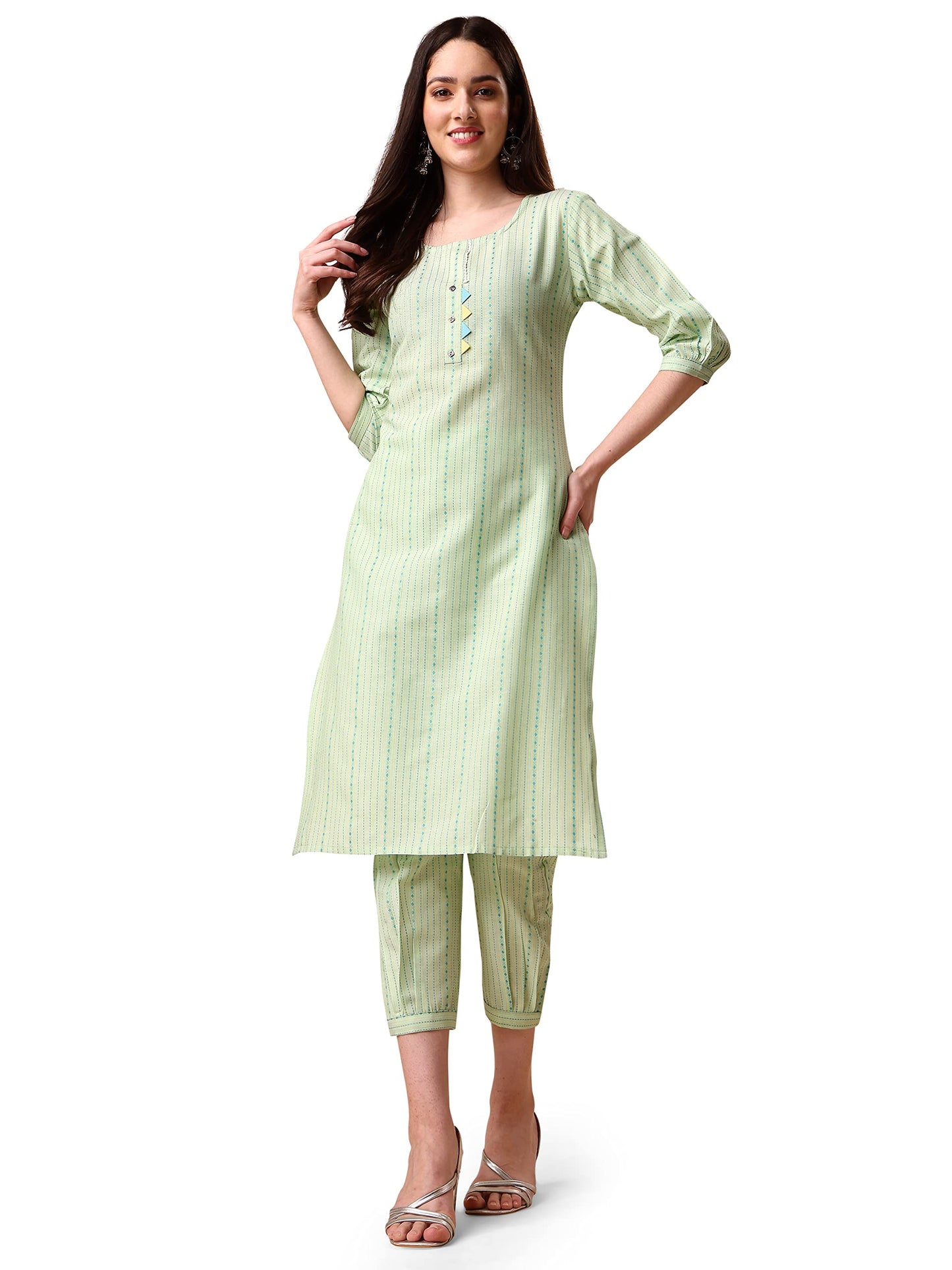 EthnicJunction Women's Rayon Woven Striped Work Straight Kurta With Pant