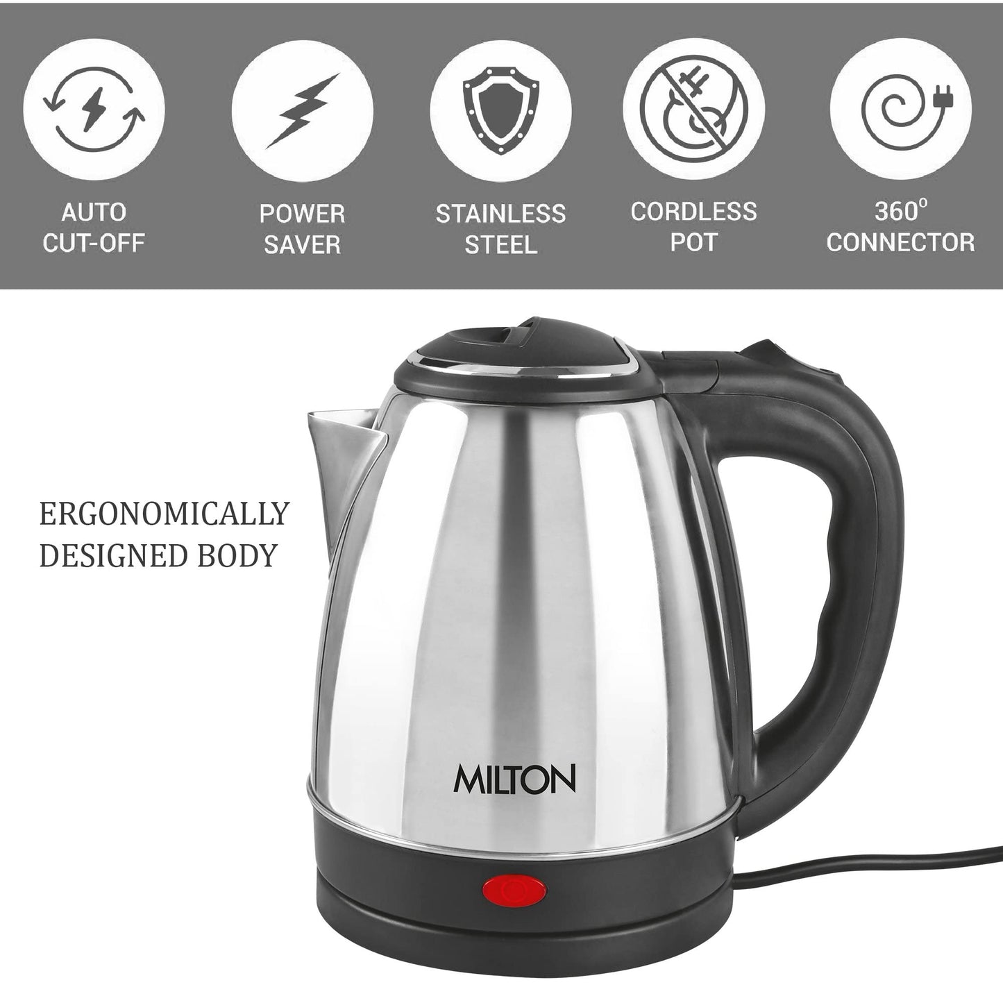 Milton Euroline Go Electro 2.0 Stainless Steel Electric Kettle, 1 Piece, 2 Litre, Silver, Power Indicator, 1500 Watts, Auto Cut-off, Detachable 360 Degree Connector, Boiler for Water, Instant Noodles