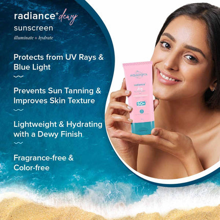 Aqualogica Radiance+ Dewy Sunscreen SPF 50+ PA+++ | With Watermelon & Niacinamide | For UVA/B & Blue Light Protection | Makes Skin Radiant & Bright | For Men & Women | 50 g