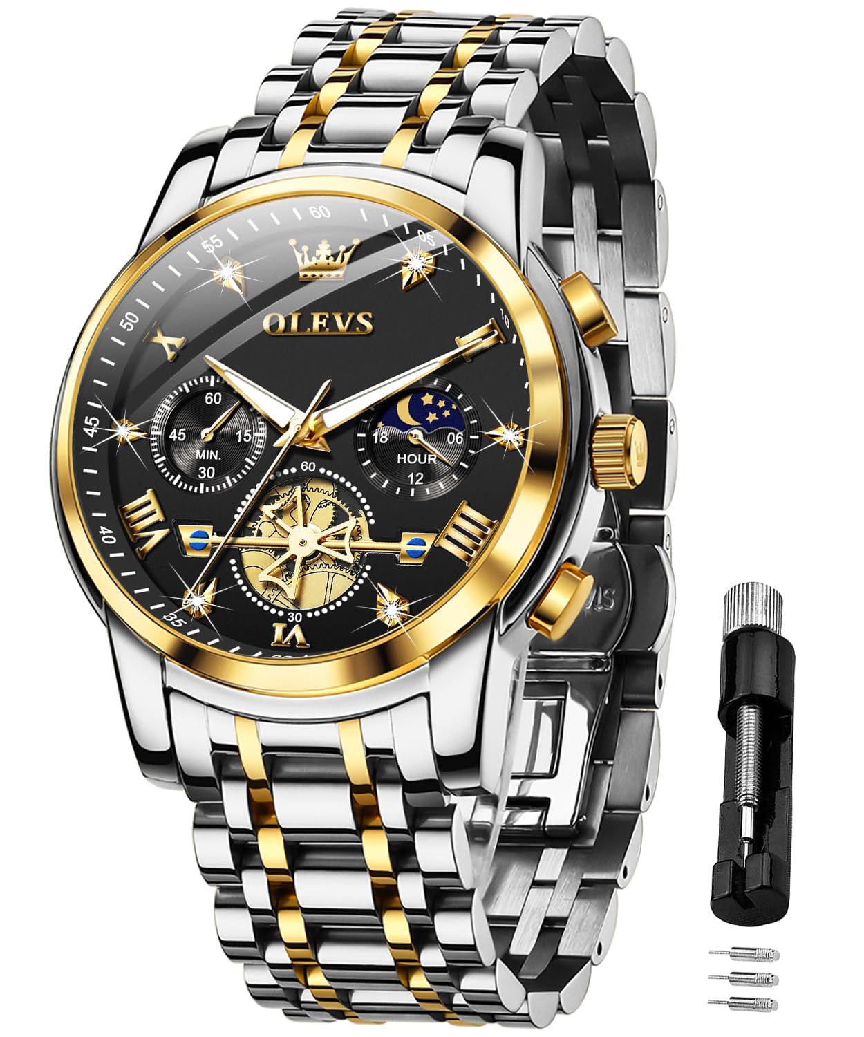 OLEVS Mens Watches Chain Chronograph Business Dress Quartz Stainless Steel Wrist Watch Waterproof Luminous Date