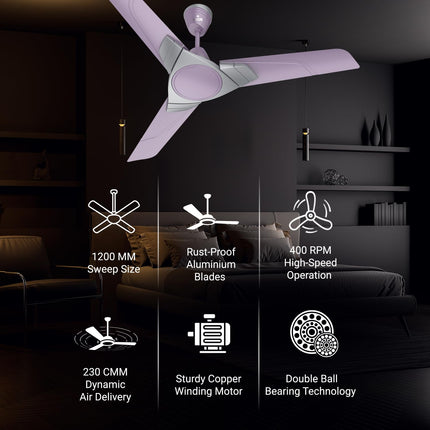 Polycab Aereo Plus Star Rated, 1200mm Ceiling Fan For Home | 100% Copper, High Speed & Air Delivery | Saves Up To 33% Electricity, Rust-Proof Aluminium Blades, 52 Watt | 3 Years Warranty【Lilac Silver】