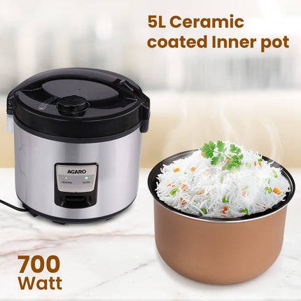 AGARO Regency Electric Rice Cooker, 5L Ceramic Coated Inner Bowl, Cooks up to 1.5Kgs (approx.10 cups) raw rice, 700 W, Easy Grip handle, Automatic Cooking, Keep Warm Function, Multipurpose Cooking 