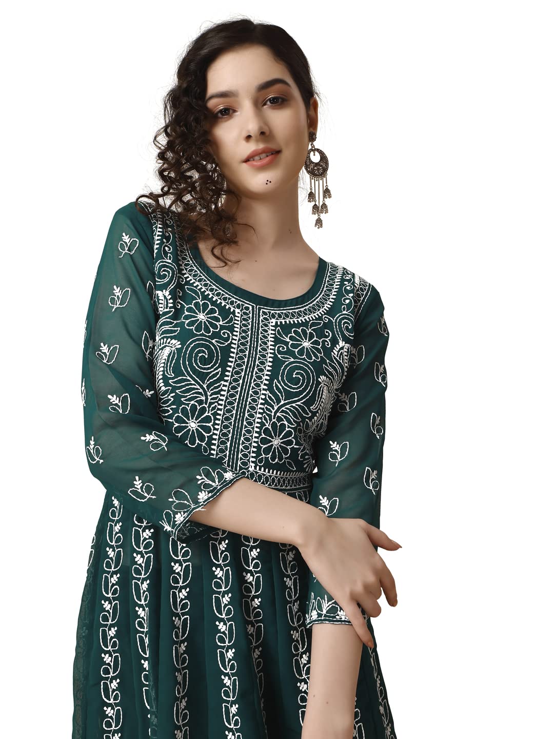 EthnicJunction Women's Lucknowi Chikankari Embroidered Thread Work Georgette Anarkali Kurta