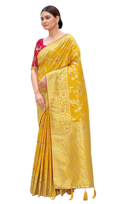 Monjolika Fashion Women's Banarasi Silk Blend Zari Woven Work With Tussles Saree and Embroidered Work Blouse Piece(37769 color)