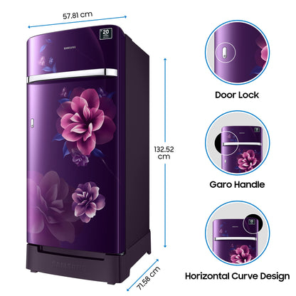 Samsung 183 L, 4 Star, Digital Inverter, Direct-Cool Single Door Refrigerator (RR20C1824CR/HL, Red, Camellia Purple, Base Stand Drawer, 2024 Model)