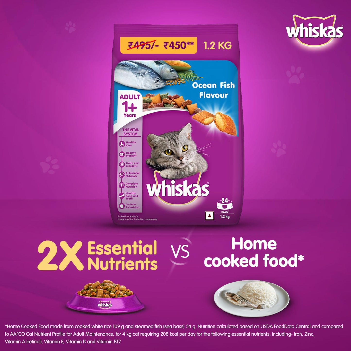 Whiskas Adult (1+ Years) Dry Cat Food, Ocean Fish Flavour, 480 g, Contains 41 Essential Nutrients, Complete & Balanced Nutrition for Adult Cats