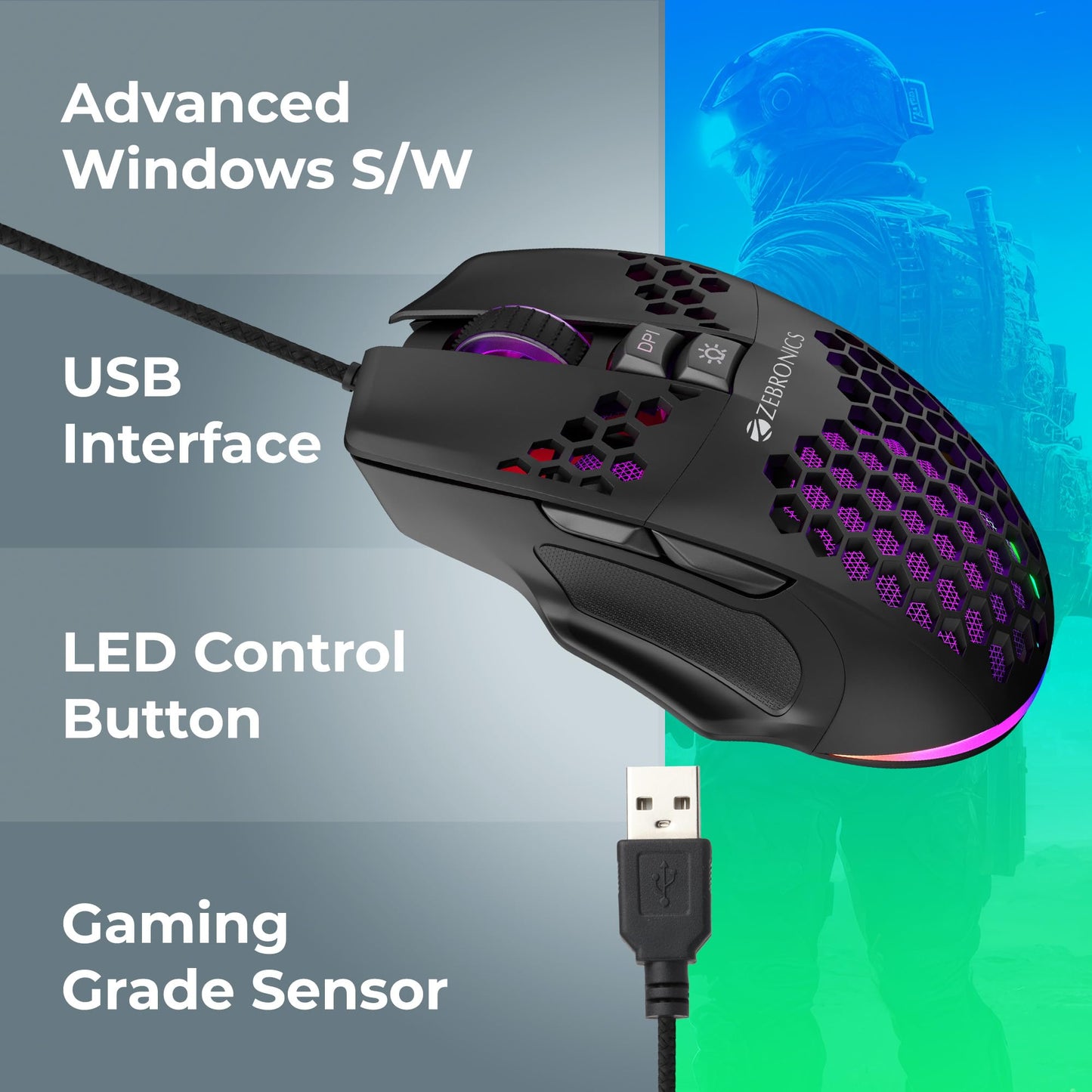 ZEBRONICS-Transformer-M with a High-Performance Gold-Plated USB Mouse: 6 Buttons, Multi-Color LED Lights,High-Resolution Sensor with max 3600 DPI, and DPI Switch(Black)