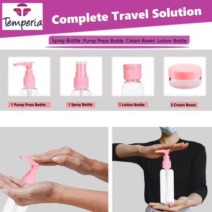 Temperia (7pcs Travel Bottles for Toiletries - Refillable Empty Mini Small Container Travelling Kit Set for Shampoo, Cosmetics & Other Essentials - with Pouch (Random Colours)