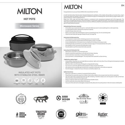 Milton Micronova Jr. Gift Set Inner Stainless Steel Casserole, Set of 3 (380 ml, 775 ml, 1345 ml), Grey, BPA Free, Food Grade, Hot and Cold, Microwaverable Steel, Dishwasher Safe, Chapati, Roti