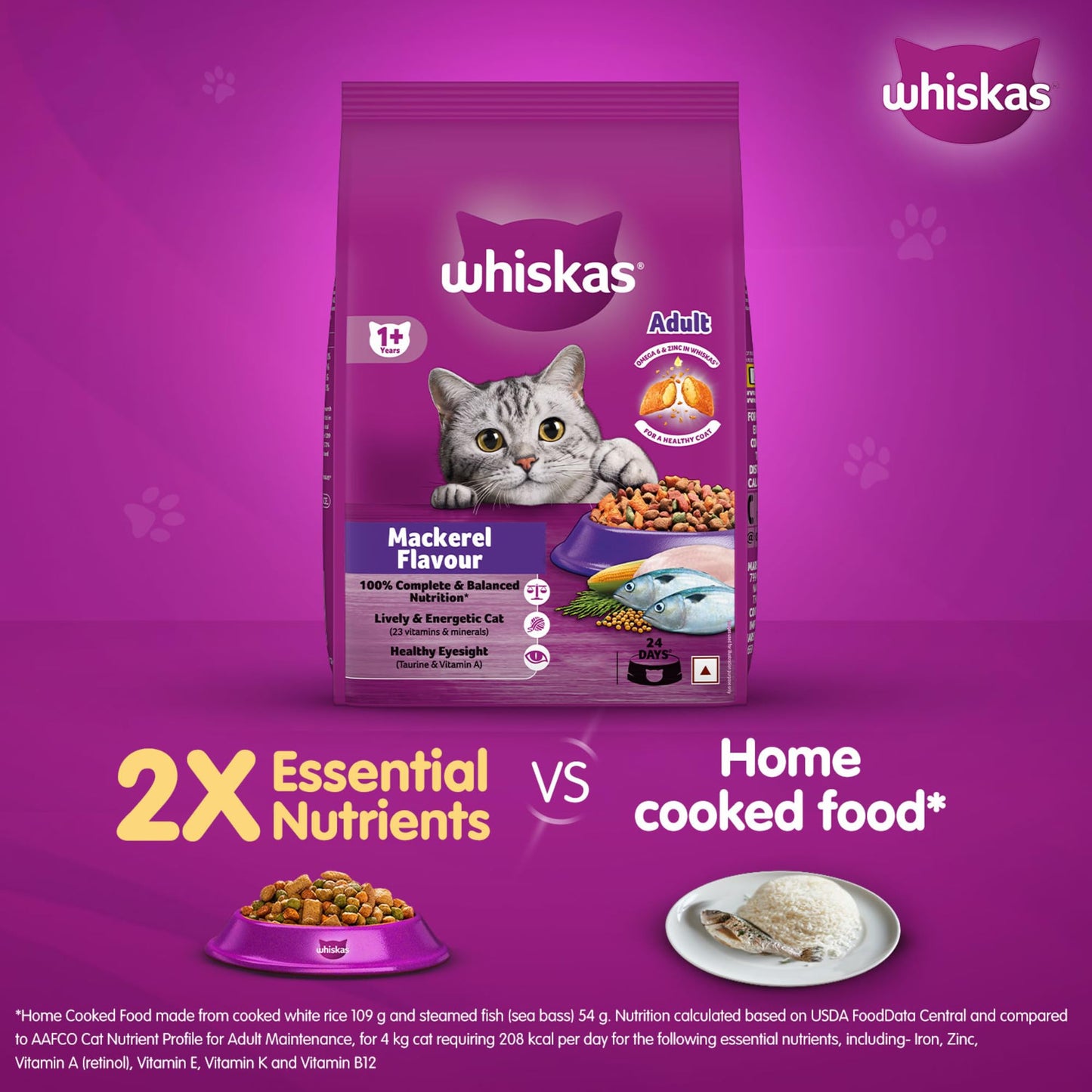 Whiskas Adult (1+ Years) Dry Cat Food, Mackerel Flavour, 480 g, Contains 41 Essential Nutrients, Complete & Balanced Nutrition for Adult Cats