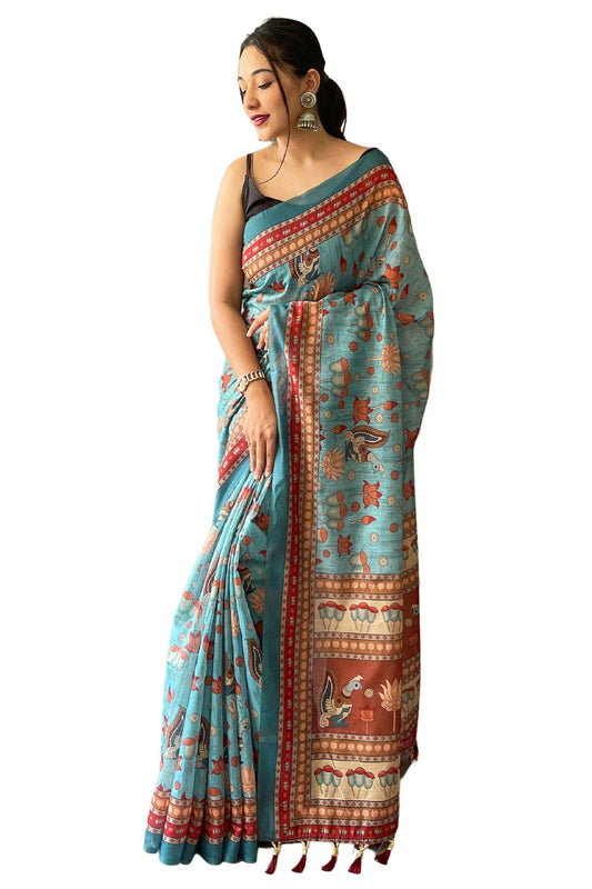 SGF11- Women's Cotton Linen Kalamkari Silk Printed Saree With Blouse Pieces