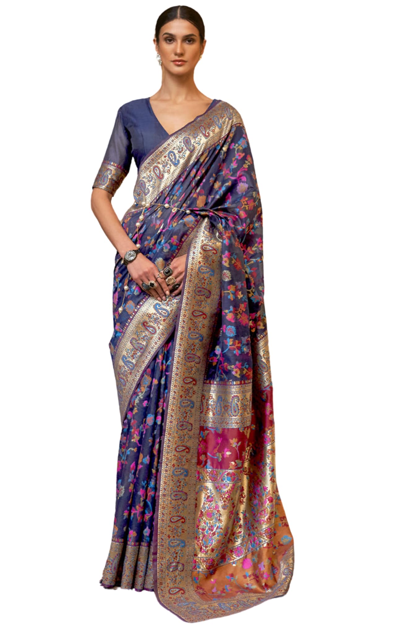 SGF11- Women's Kanjivaram Pure Soft Silk Handloom Saree Pure Golden Zari With Blouse Piece