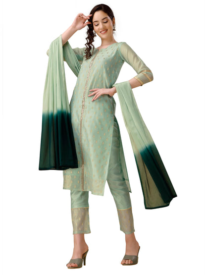 EthnicJunction Women's Chanderi Silk Jacquard Straight Kurta Pant with Dupatta