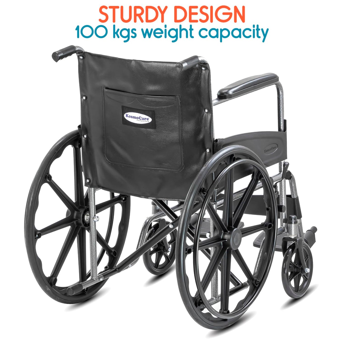 KosmoCare Dura Rexine Wheelchair | Self-Propelled & Attendant Use | Hammered Finish MS Frame | 24" Mag Wheels | Removable Footrests | Foldable Design | Comfortable Rexine Seat | Supports Up to 100 kg