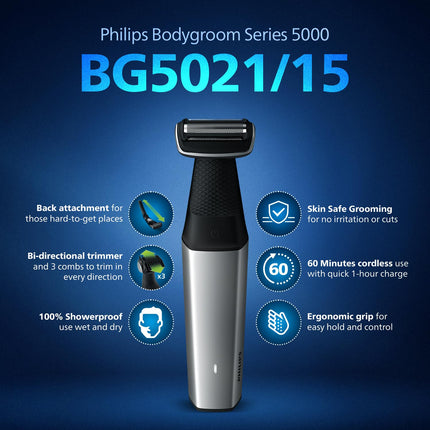 Philips Body Trimmer for Men| Removes back hair|Clinically Tested for Sensitive SkinI Patented Pearl Tip & Showerproof, 3 Year Warranty, 60 min runtime & 5 min Quick Charge - BG5021/15 