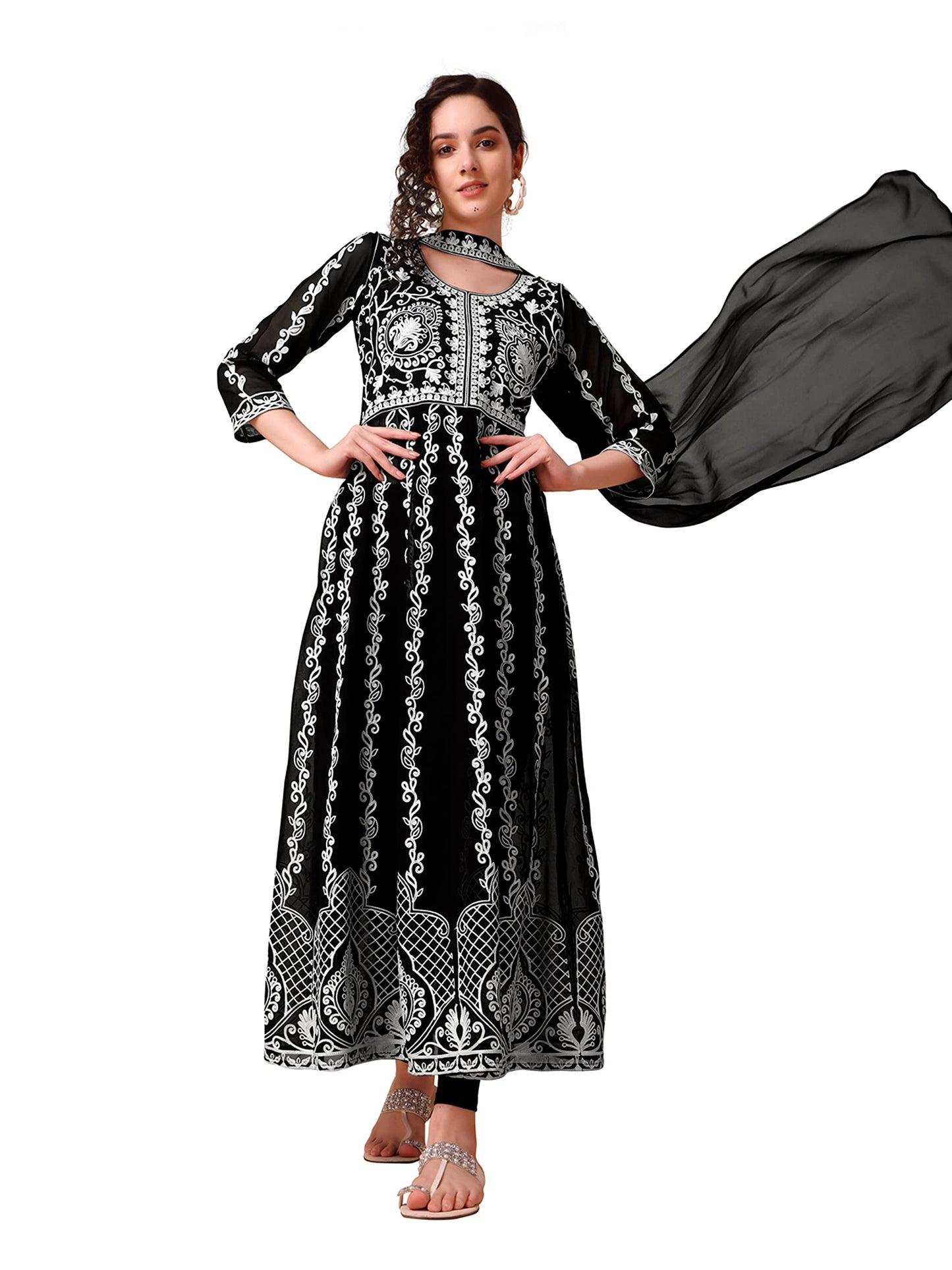 EthnicJunction Women's Georgette Chikankari Embroidery Anarkali Kurta & Dupatta Set