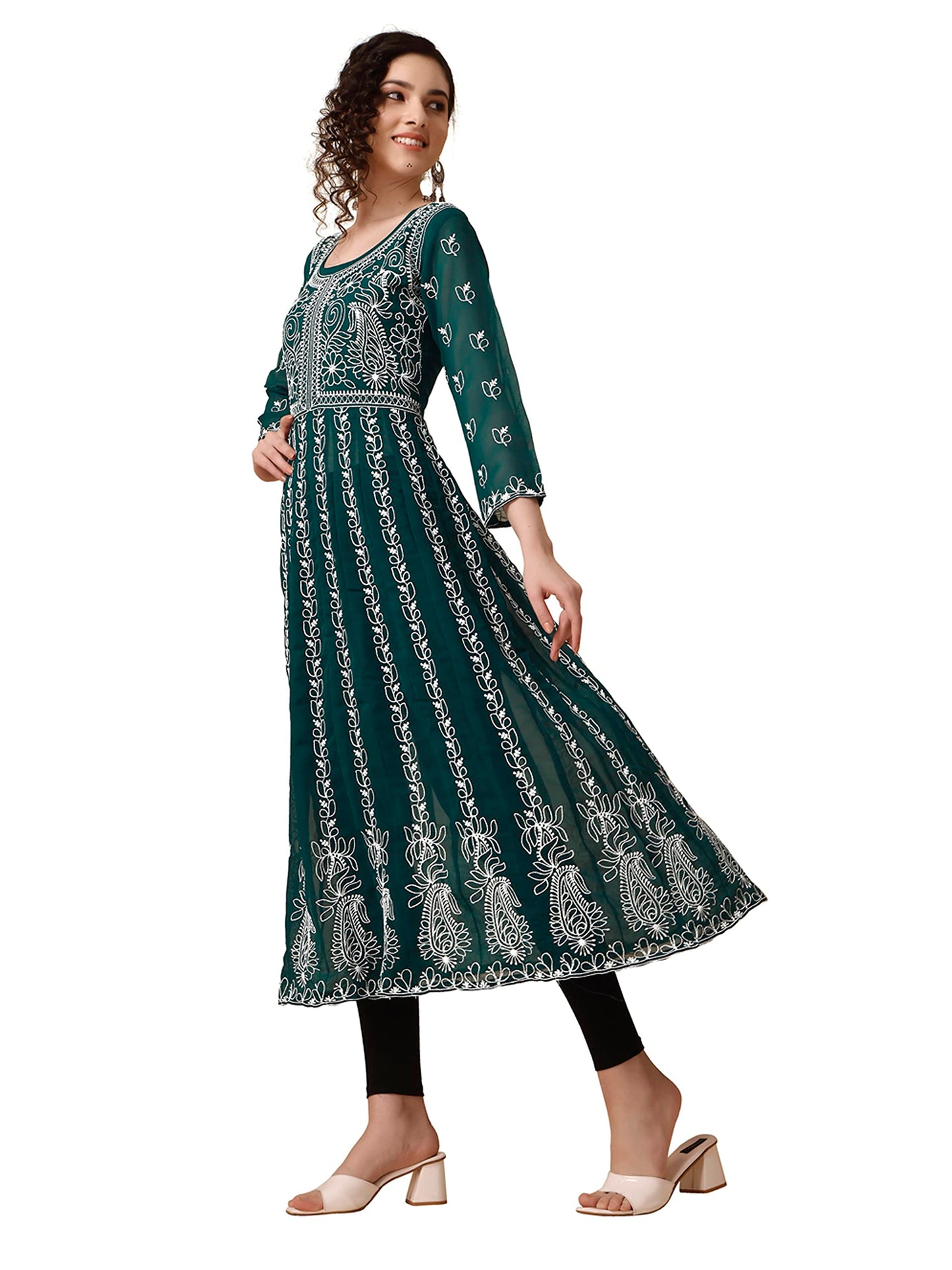 EthnicJunction Women's Lucknowi Chikankari Embroidered Thread Work Georgette Anarkali Kurta