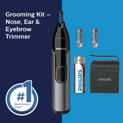 PHILIPS Nose Trimmer Nt3650/16,Cordless Nose,Ear&Eyebrow Trimmer With Protective Guard System,Fully Washable,Including Aa Battery,2 Eyebrow Combs,Pouch (Gray), Unisex 