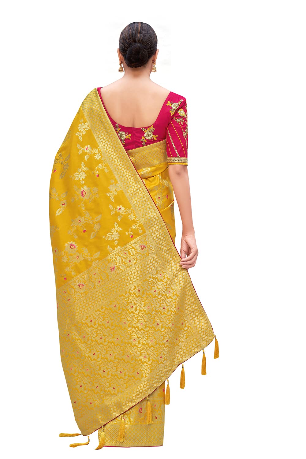 Monjolika Fashion Women's Banarasi Silk Blend Zari Woven Work With Tussles Saree and Embroidered Work Blouse Piece(37769 color)