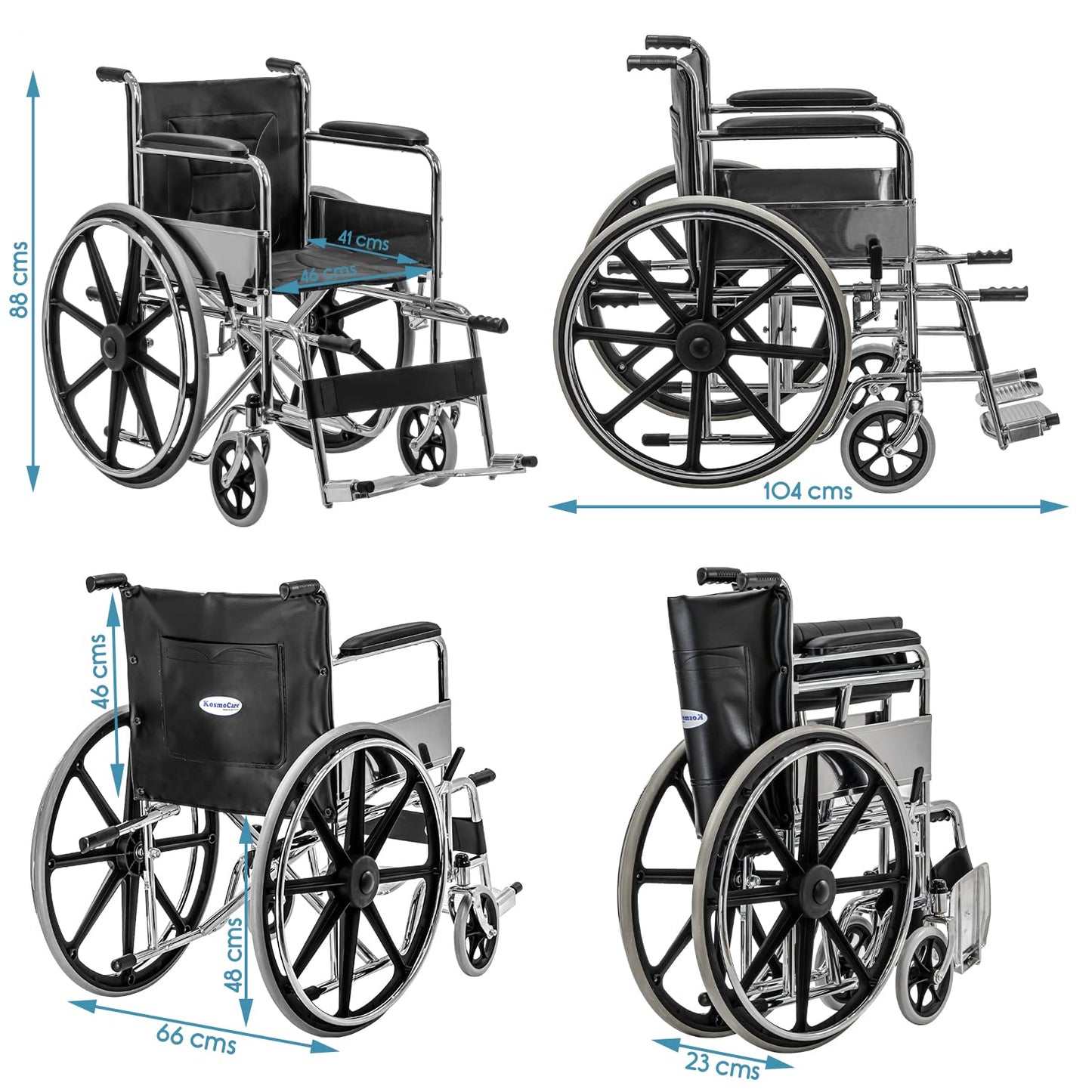 KosmoCare Dura Rexine Wheelchair | Self-Propelled & Attendant Use | Hammered Finish MS Frame | 24" Mag Wheels | Removable Footrests | Foldable Design | Comfortable Rexine Seat | Supports Up to 100 kg