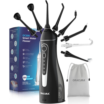 ORACURA® OC200 Dental PRO Smart PLUS Water Flosser® Black, 8 Nozzle Tips, Portable & Rechargeable, Custom 8 Water Pressure Settings, 200ml Tank Capacity, IPX7 Waterproof, 365 Days Warranty