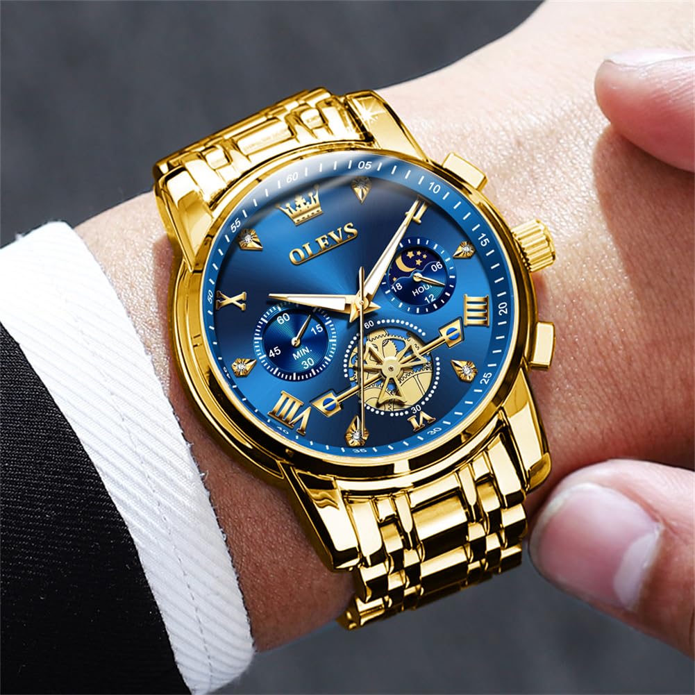 OLEVS Mens Watches Chain Chronograph Business Dress Quartz Stainless Steel Wrist Watch Waterproof Luminous Date