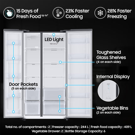 Samsung 653 L, 3 Star, Frost Free, Double Door, Convertible 5-in-1 Digital Inverter, Side By Side AI Enabled Smart Refrigerator with WiFi (RS76CG8003S9HL, Silver, Refined Inox, 2024 Model)