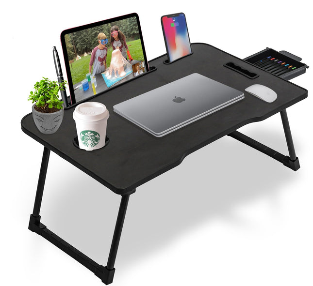 Callas Multi-Purpose Laptop Table with | Cup Holder | Drawer | Mac Holder | Study Table/Bed Table/Breakfast Table/Foldable and Portable Wooden Table (CA-39-Black)