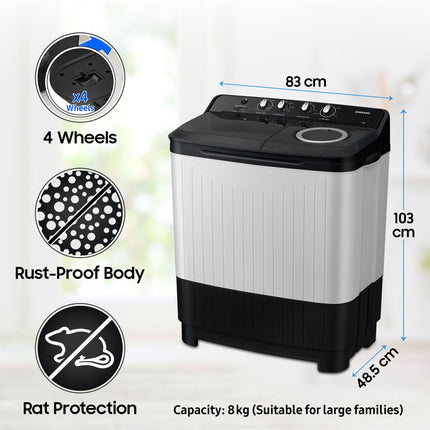 Samsung 8 kg, 5 star, Semi-Automatic Top Load Washing Machine (WT80C4200GG/TL, Air Turbo Drying, Light Gray, 2023 Model) 