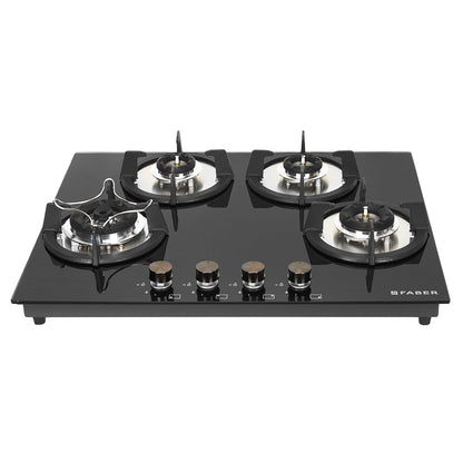 Faber Hob 4 Burner | Auto-Ignition | Spillage Proof | HOB SUPERIA HT764 BR AI | Concealed Chamber | Metal Knobs | Pan Support | Black Glass Finish |5 Yr Warranty on Burner & Glass | 1 Yr comprehensive