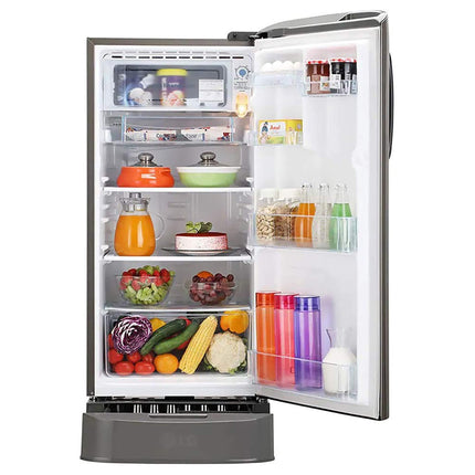 LG 185 L 5 Star Inverter Direct-Cool Single Door Refrigerator (GL-D201APZU, Shiny Steel, Base stand with drawer)