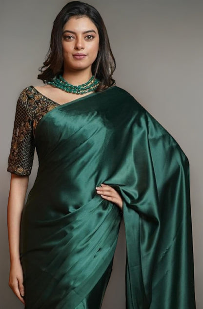 SATAZ Women's Ready to Wear Satin Silk 1 Minute Pre Pleated Heavy Saree with Solid Plain Green Unstiched Blouse