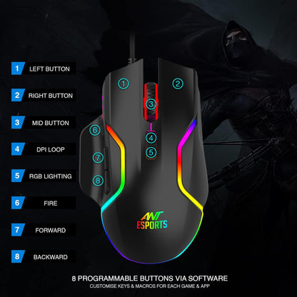 Ant Esports GM320 RGB Optical Wired Gaming Mouse | 8 Programmable Buttons | 12800 DPI