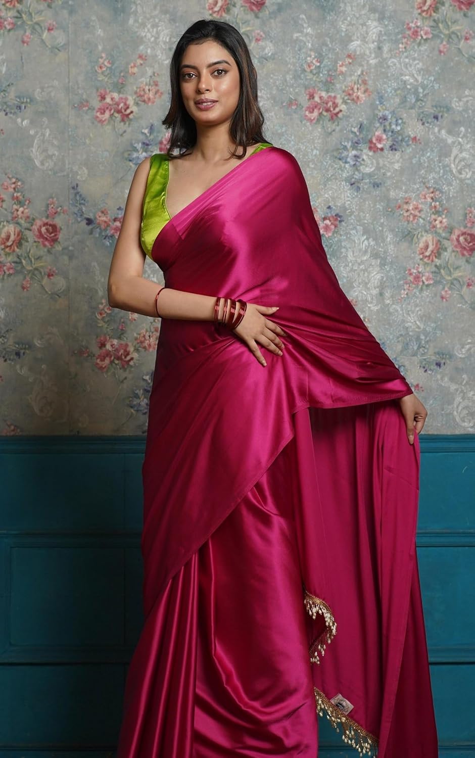 SATAZ Women's Ready to Wear Satin Silk 1 Minute Pre Pleated Heavy Saree with Pink Unstiched Pink Blouse (Pink)